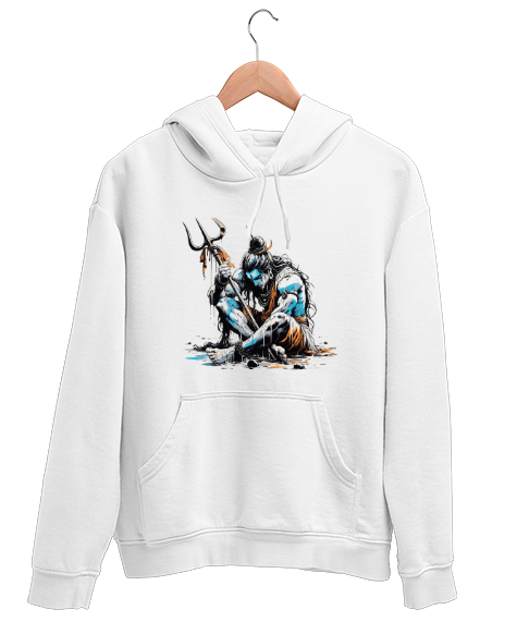 Tisho - Mistik Karakter - Shiva Çizim Beyaz Unisex Kapşonlu Sweatshirt