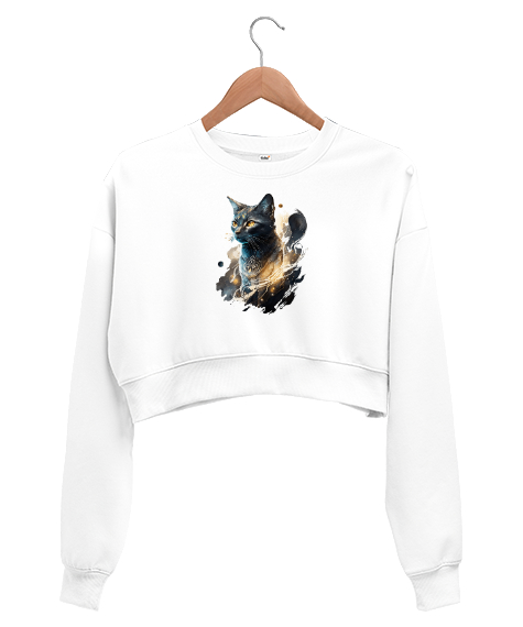 Tisho - Mistik Kedi - Cat Beyaz Kadın Crop Sweatshirt