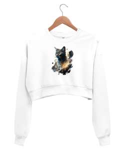 Mistik Kedi - Cat Beyaz Kadın Crop Sweatshirt