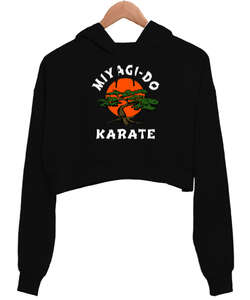 Miyagi Do Karate Kid Baskılı Siyah Kadın Crop Hoodie Kapüşonlu Sweatshirt