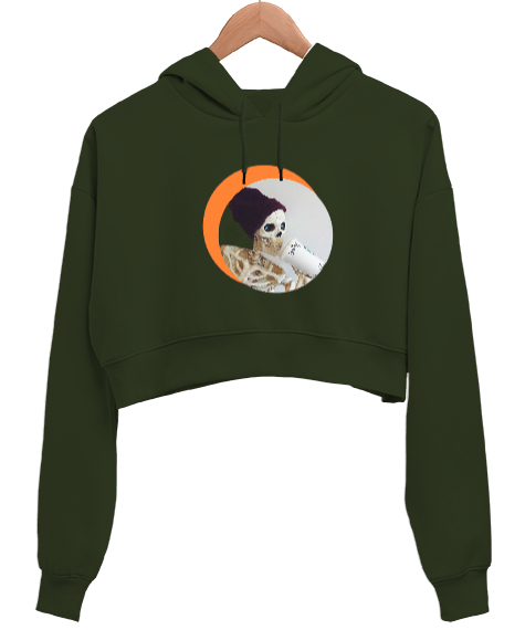 MOD KAHVE Haki Yeşili Kadın Crop Hoodie Kapüşonlu Sweatshirt