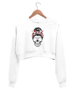 Mom Head Skull Beyaz Kadın Crop Sweatshirt