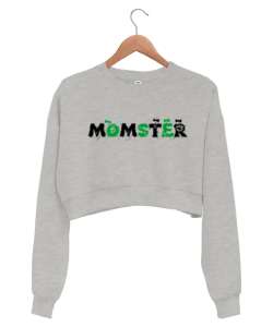 Momster - Anne - Halloween Gri Kadın Crop Sweatshirt