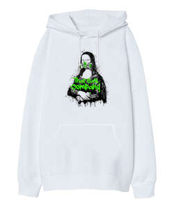 Mona Lisa Beyaz Oversize Unisex Kapüşonlu Sweatshirt