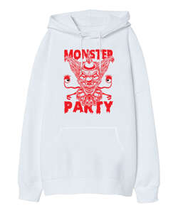 Monster Party Beyaz Oversize Unisex Kapüşonlu Sweatshirt