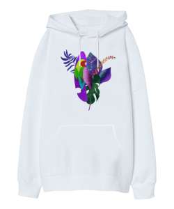 Monstera - Renkli Yapraklar Beyaz Oversize Unisex Kapüşonlu Sweatshirt