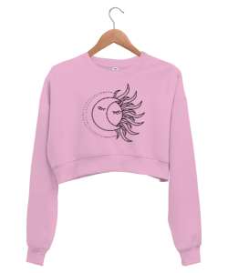 Moon And Sun - Güneş ve Ay Pembe Kadın Crop Sweatshirt