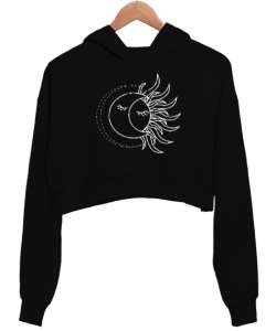 Moon And Sun - Güneş ve Ay Siyah Kadın Crop Hoodie Kapüşonlu Sweatshirt