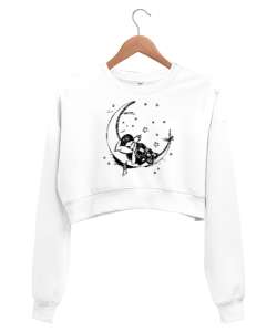 Moon Sleeping Child - Uyuyan Çocuk Beyaz Kadın Crop Sweatshirt