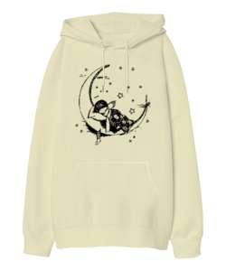 Moon Sleeping Child - Uyuyan Çocuk Krem Oversize Unisex Kapüşonlu Sweatshirt