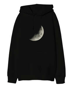 Moon - Yarım Ay Siyah Oversize Unisex Kapüşonlu Sweatshirt