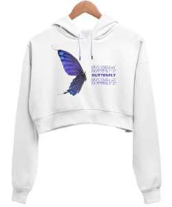 Mor Butterfly Beyaz Kadın Crop Hoodie Kapüşonlu Sweatshirt