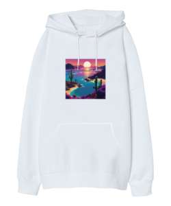 Mor Dünya Tasarım Beyaz Oversize Unisex Kapüşonlu Sweatshirt