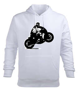 Motor Tasarımlı Beyaz Erkek Kapüşonlu Hoodie Sweatshirt