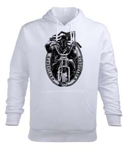 MOTORCU Beyaz Erkek Kapüşonlu Hoodie Sweatshirt