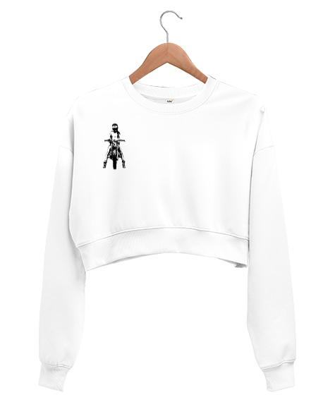 Tisho - motorcu desenli Beyaz Kadın Crop Sweatshirt