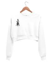 motorcu desenli Beyaz Kadın Crop Sweatshirt - Thumbnail