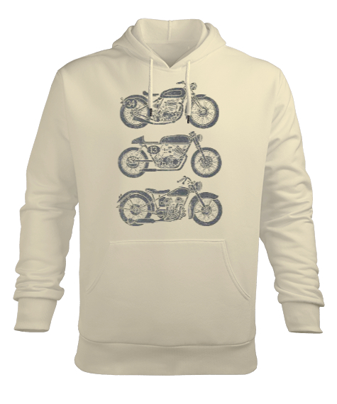 Motorcycle Krem Erkek Kapüşonlu Hoodie Sweatshirt