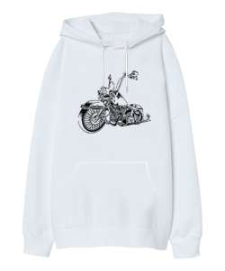 Motorcycle - Motosiklet Beyaz Oversize Unisex Kapüşonlu Sweatshirt