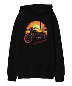 Motorsiklet Tasarım Siyah Oversize Unisex Kapüşonlu Sweatshirt