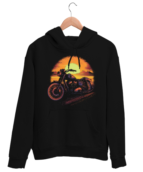 Tisho - Motorsiklet Tasarım Siyah Unisex Kapşonlu Sweatshirt