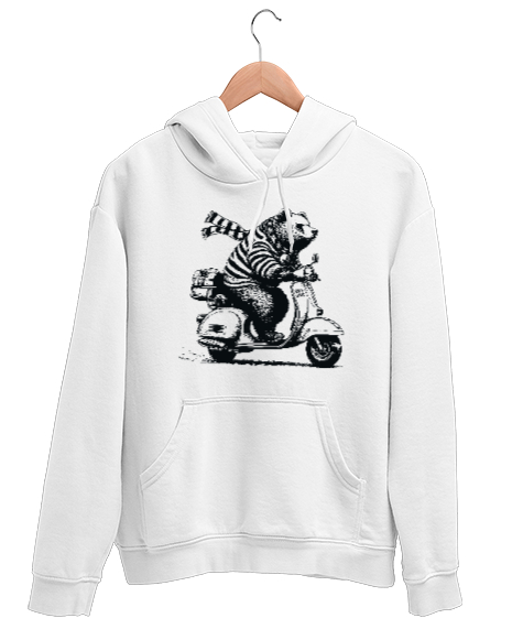 Tisho - Motosiklet Kullanan Ayı - Bear Beyaz Unisex Kapşonlu Sweatshirt