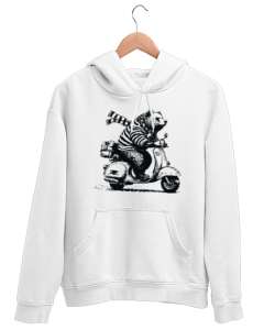 Motosiklet Kullanan Ayı - Bear Beyaz Unisex Kapşonlu Sweatshirt