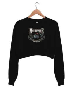 Motosiklet - Vintage Motorcycle Siyah Kadın Crop Sweatshirt