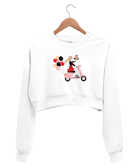 Tisho - Motosikletli Keyifli Kız Beyaz Kadın Crop Sweatshirt