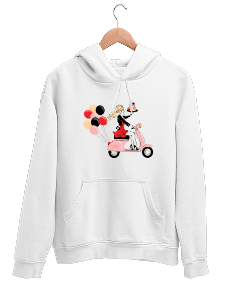 Tisho - Motosikletli Keyifli Kız Beyaz Unisex Kapşonlu Sweatshirt