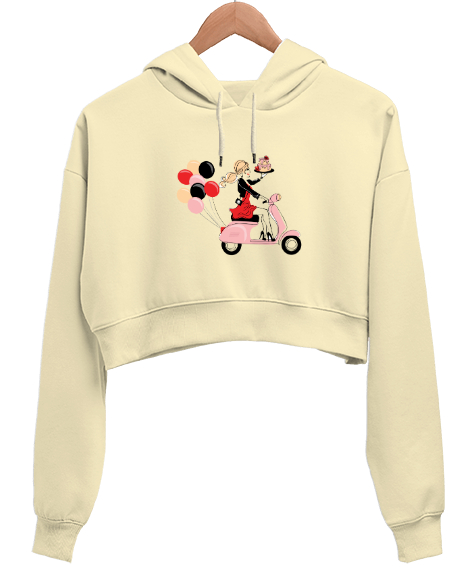 Tisho - Motosikletli Keyifli Kız Krem Kadın Crop Hoodie Kapüşonlu Sweatshirt