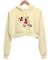 Motosikletli Keyifli Kız Krem Kadın Crop Hoodie Kapüşonlu Sweatshirt - Thumbnail