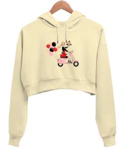 Motosikletli Keyifli Kız Krem Kadın Crop Hoodie Kapüşonlu Sweatshirt