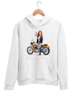 Motosikletli Kız Beyaz Unisex Kapşonlu Sweatshirt