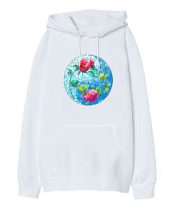 Mozaik Çiçek Desenli Beyaz Oversize Unisex Kapüşonlu Sweatshirt