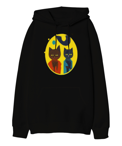 Mr.Cats Siyah Oversize Unisex Kapüşonlu Sweatshirt