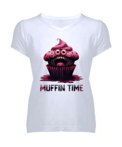 Muffin Beyaz Kadın V Yaka Tişört