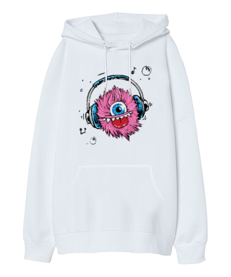 Music Monster - Sevimli Canavar Beyaz Oversize Unisex Kapüşonlu Sweatshirt