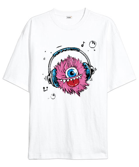 Music Monster - Sevimli Canavar Beyaz Oversize Unisex Tişört