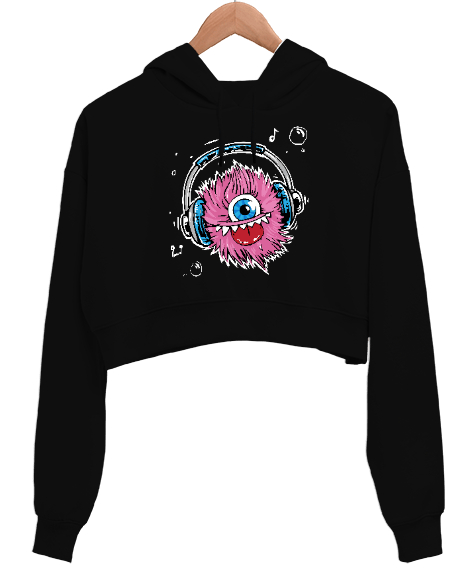 Music Monster - Sevimli Canavar Siyah Kadın Crop Hoodie Kapüşonlu Sweatshirt