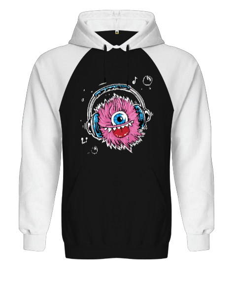 Music Monster - Sevimli Canavar Siyah/Beyaz Orjinal Reglan Hoodie Unisex Sweatshirt