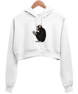 Musican Monkey Beyaz Kadın Crop Hoodie Kapüşonlu Sweatshirt