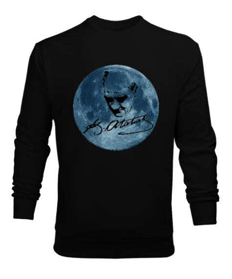 Mustafa Kemal Atatürk Ay Üzerinde Resimli Siyah Erkek Sweatshirt - Tisho