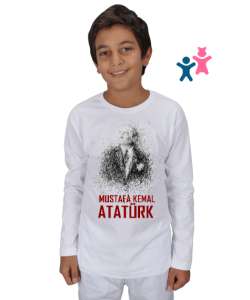 Mustafa Kemal Atatürk Çizgisel V2 Beyaz Çocuk Unisex Uzunkollu