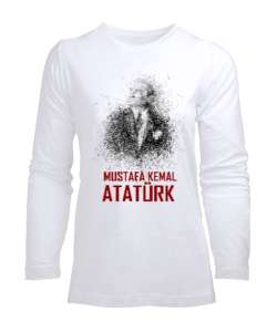 Mustafa Kemal Atatürk Çizgisel V2 Beyaz Kadın Uzun Kol Tişört