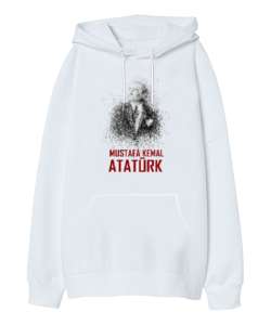 Mustafa Kemal Atatürk Çizgisel V2 Beyaz Oversize Unisex Kapüşonlu Sweatshirt