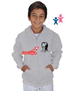 Mustafa Kemal Atatürk Gri Çocuk Kapüşonlu Hoodie Fermuarlı