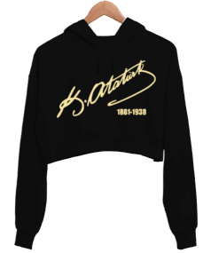 Mustafa Kemal Atatürk İmza Baskılı Siyah Kadın Crop Hoodie Kapüşonlu Sweatshirt