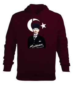 Mustafa Kemal Atatürk imzalı Baskılı Bordo Erkek Kapüşonlu Hoodie Sweatshirt