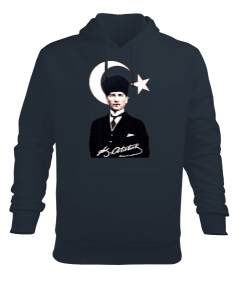 Mustafa Kemal Atatürk imzalı Baskılı Füme Erkek Kapüşonlu Hoodie Sweatshirt